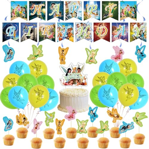 Tinker Bell Birthday Party Decorations, Fairy Themed Party Supplies with Happy Birthday Banner, Cake & Cupcake Toppers, Latex Balloons for Fans Party Favors