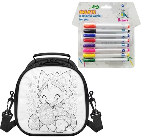 Babrukda Decorate Your Own Lunch Bag with 8 Pcs Markers Cartoon Dragon Colorable Lunch Box Container Easter Egg Printed Creative Art Activity & DIY Personalized Graffiti Easter Day Gifts