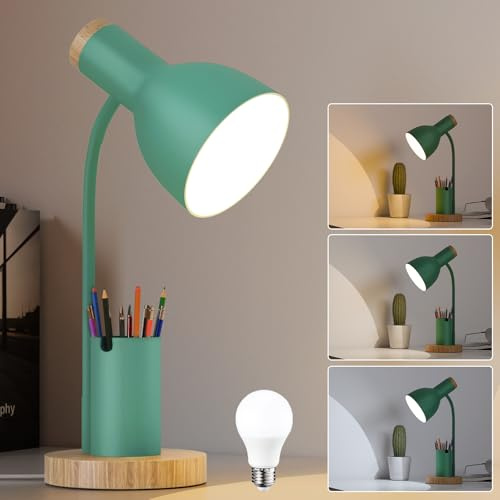 himmel Schreibtischlampe Grün mit Stiftehalter, Schreibtischlampe Kinder Mädchen Jungen Holz-Akzent, Verstellbar, kinder Tischlampe für Homeoffice, Nachttisch und Studentenzimmer