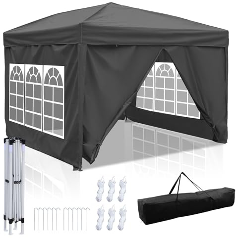 Peviasot Pavillon 3x3m Wasserdicht, Höhenverstellbar Faltpavillon mit 4 Seitenteilen, 420D Oxford, Stabil Winterfest UV Schutz, Partyzelt Gartenzelt für Outdoor Garten Camping, Grau