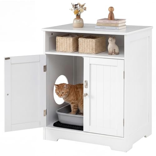 COSTWAY Kattlåda, skåp med strömatte, 2 låsbara dörrar, ingång & fack, 3-i-1 katthus, kattlåda, sidobord, trä, kattmöbel för vardagsrum, vit