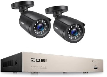 ZOSI CCTV Home Security Camera System, 8CH H.265+ 5MP DVR Recorder with 2pcs 1080p Outdoor Surveillance Camera, Human Vehicle Detection, Email Alert, 80ft Night Vision, IP66 Waterproof, No Hard Drive