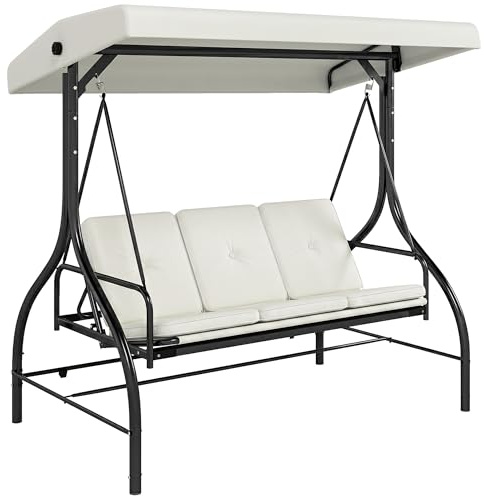Outsunny 3 Seater Garden Swing Chair, 2 in 1 Convertible Patio Swing Seat Bed with Adjustable Canopy, Cushions and Metal Frame, Outdoor Hammock Bench Chair for Balcony, Terrace, Cream White