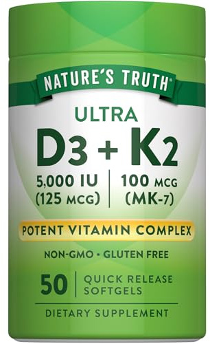 Nature's Truth Vitamin K2 MK7 Complex | 100 mcg | 50 Softgels | with D3 | Non-GMO & Gluten Free Supplement