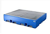 Denios Auffangwanne aus Kunststoff | mit verzinktem Gitterrost | blau | BxHxT 1720 x 350 x 1300 mm | Volumen 440 Liter | 4 Fässer | Arbeitssicherheit Notfall-Umweltschutz-Produkte säurefest