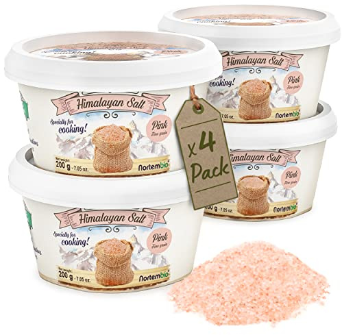 Nortembio Sal Rosa del Himalaya 4 x 200 g Grano Fino (0,5-1,5 mm) Origen Pakistán Sal Mineral Natural sin Refinar para Uso Culinario. Gratis eBook con Recetas!