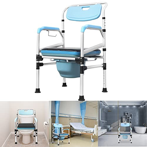 YRHome Toilettenstuhl Höhenverstellbar Toilettensitz WC-Stuhl mit Toiletteneimer & Armlehne Rückenlehne fahrbar Antirutschenden Dusch Duschstuhl Nachtstuhl Dusch Badehilfen für Ältere und Behinderte