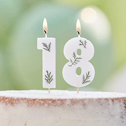 Miss Lovely Geburtstags-Kerzen für Torte Zahl 18 Kuchen-Stecker Torten-Aufsatz Botanical Style in weiß & grün Geburtstagsdekoration Kuchen & Torten Gebäck-Deko 18. Geburtstag Frau & Mann Volljährig