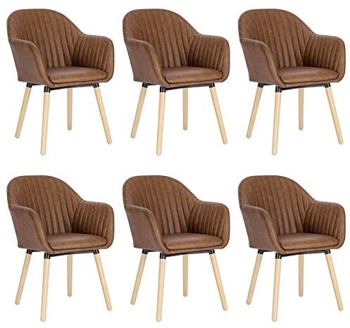 WOLTU Esszimmerstühle 6er Set Küchenstuhl Wohnzimmerstuhl Polsterstuhl Design Stuhl mit Armlehne Kunstleder Massivholz Braun BH336br-6