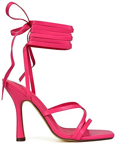 ESSEX GLAM Womens Lace Up High Heel Sandals Ladies Square Toe Strappy Fuchsia Party Shoes Size 3