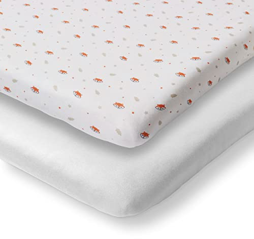 Koru Kids® Fuchs Spannbettlaken 70x140 Baby – 2er Pack – Füchse + weiß – Premium Bettlaken – weiches Jersey – 100% Baumwolle – bei 60° waschbar – Baby Bettwäsche