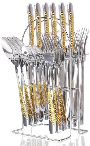 Gold Silverware Set, Caliamary 24 Pieces Flatware Set with Silverware Holder, Stainless Steel Knives and Forks and Spoons Cutlery Set Service for 6, Kitchen Utensil Tableware Set with Antiskid Handle