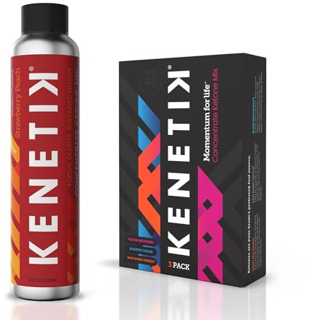 KENETIK Caffeine-Free Focus Concentrate – Brain Fuel for Mental Clarity Cognitive Endurance, Sugar-Free, Bioidentical Ketones (D-BHB), 4oz (4 Servings) – 3 Pack, Strawberry Peach