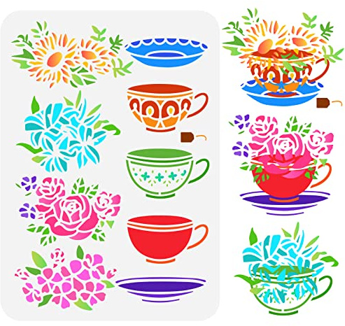 FINGERINSPIRE Malschablone Für Teetassen Und Blumen 21x29.7 cm Wiederverwendbare Zeichnungsvorlage Für Nachmittagsteetassen Florale Pflanzenmuster Vorlage Zum Malen Auf Scrapbook Stoff Boden Möbeln