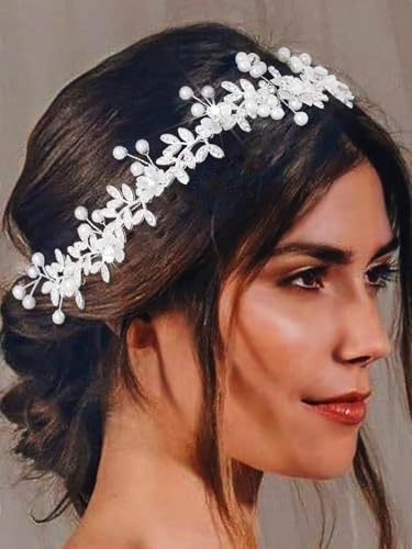 IYOU Crystal Bridal Hair Vines Leaf Silver Wedding Headband Pearl Flower Bride Bridesmaid Hair Accessories for Women