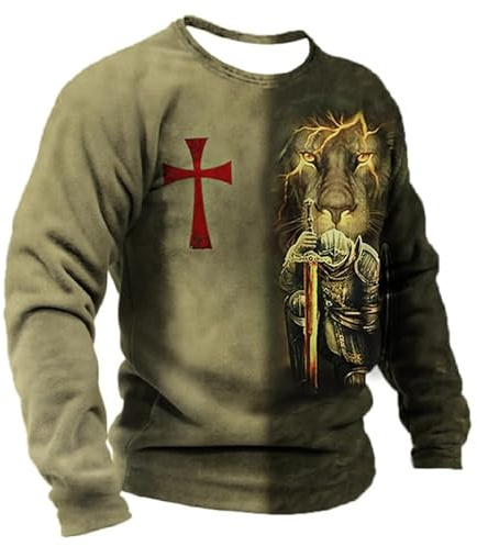 oneforus T-Shirt pour Hommes Vintage Col Rond Manches Longues Automne Hiver Mode Templiers imprimés en 3D Distressed T-Shirts
