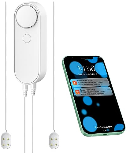 WiFi Wasserleckagemelder mit Dual Probe, Smart Water Sensor Alarme, Abgetrennte 5M Dual Detection Line, Links und Rechts Dual Alarme, Remote App Monitoring, Dual Alerts, AAA Batteriebetrieben