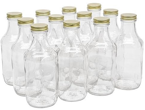 North Mountain Supply 16 Ounce Glass Sauce Bottle - With 38mm Gold Metal Lids - Case of 12