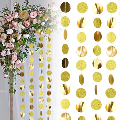 FainFun 4 Stück 4m Luftschlangen Gold, Glitzer Girlande, Romantische Runde Kreise, Vorhang Party Deko für Hochzeiten, Feiertagsdekorationen