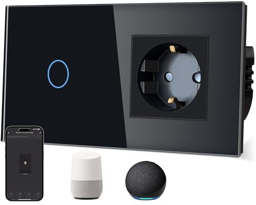 TAWOIA Normaler Steckdose mit Smart Wlan Lichtschalter (Neutralleiter erforderlich) Glasscheibe, Sprachsteuerung für Alexa, kompatibel mit Smart Life und Tuya App 1Fach 1Weg Schwarz