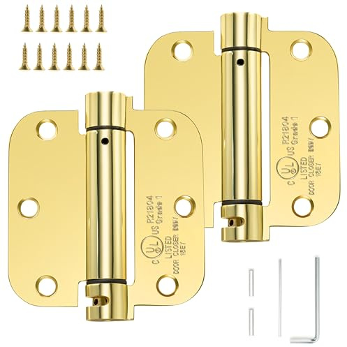 Sophia Self-Closing Door Hinge 3.5 Inch Rounded 5/8 Radius Interior, Spring Loaded Hinge Adjustable Tension for Garage Residential Standard Bedroom Indoor Doors, 2 Pack, Polished Brass