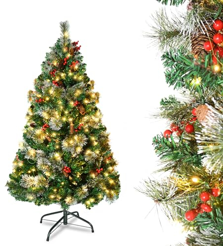 YRHome Sapin de Noël artificiel de 150 cm avec éclairage - 8 modes - Sapin vert en PVC pour décoration de Noël avec pommes de pin, aiguilles de pin et système de pliage des branches - Support pliable