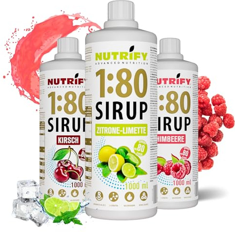 NUTRIFY Vital Fitness Drink 1:80 Sirup 3x 1 L - Getränkekonzentrat mit Vitaminen und L-Carnitin zuckerfrei - ergibt 240 Liter Sportgetränk kalorienarm 3er Pack, Kirsche-Lemon-Lime-Himbeere