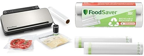 Envasadora al Vacío Premium FoodSaver, Cánula con Adaptador Para Recipientes Integrada + Foodsaver Bolsas de Envasado al Vacío Reutilizables, 5 Rollos, 36 Bolsas
