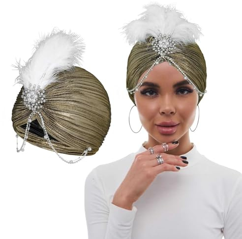 Bohend Blume Strass Turban Mütze Vintage Perlenkopfbedeckung Beanie Vorgebundene Plissierte Haube Frauen Brosche Feder Kopfbedeckung Hut (Polyester, Gold)