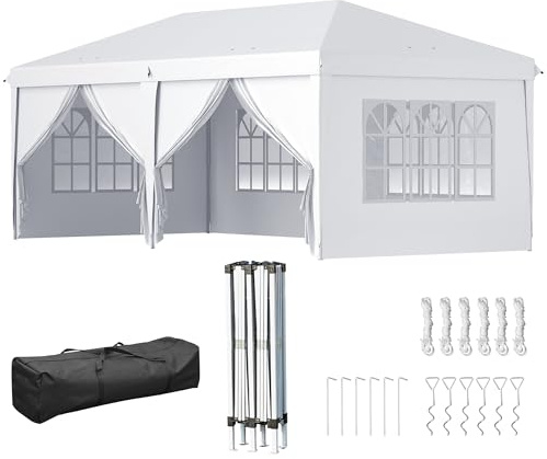 Outsunny Gazebo Pieghevole 6x3 m Pop Up da Esterno con 4 Finestre Bianco