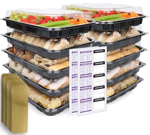 Reusable Sandwich & Serving Platter Trays with Clear Lids – Pack of 10 Catering Food Platters with Dividers & Labels for Parties, Buffets, Events & Meal Prep – 33.5 × 24 × 7 cm