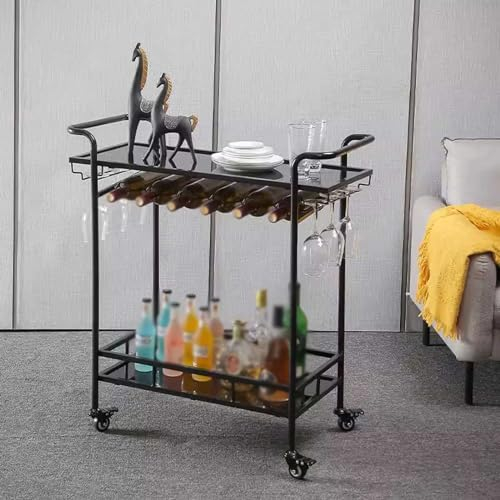 UPGENT Barwagen, 2 Etagen, mobiler Goldener Barwagen, moderner Minibar-Küchen-Servierwagen und Kaffeestation mit Stauraum für Wein und Gläser, Getränkewagen (Farbe: Schwarz) (Bl