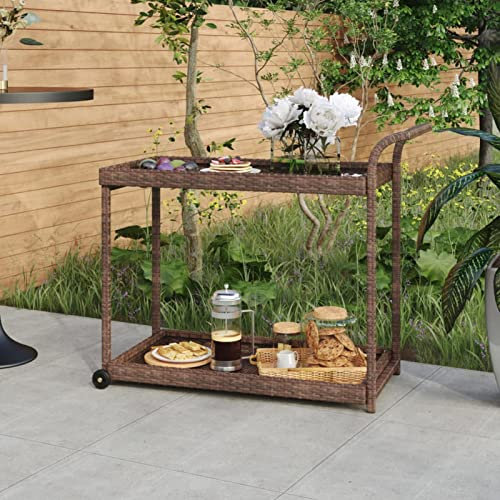 Rantry Barwagen Braun Geräumiges Design mit Rollen 100x45x83cm Poly Rattan Trolley für Küche Wohnzimmer Terrasse
