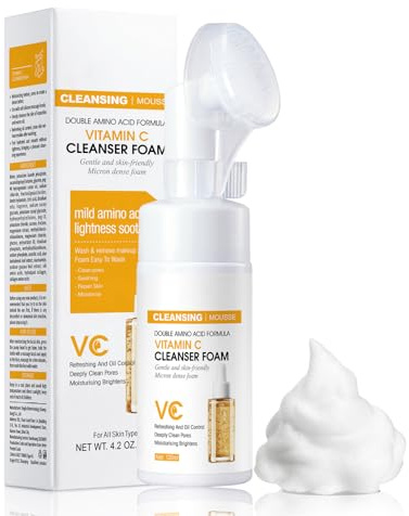 Vitamin C Foaming Face Cleanser, Foaming Cleanser with Silicone Brush, Gentle Facial Wash for Deep Cleansing, Hydrating,Smoothing, Exfoliates for All Skin Types (Vitamin C)