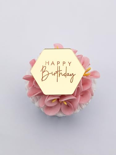 3 Little Desserts Happy Birthday Cupcake Toppers - Pack of 6 - Engraved Acrylic Mirror Discs - Gold