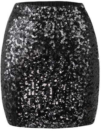 Kefiyis Pailletten Rock Glitzer Rock Damen Elastische Taille Pailettenrock Glitzerrock mit Futter Festival Karneval Party Röcke Schwarz M