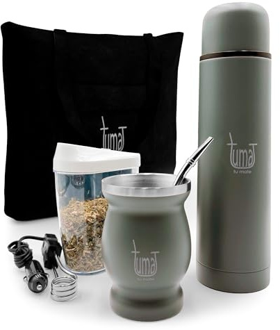 Complete Yerba Mate Kit - Includes Mate Cup, Straw (Bombilla), 750ml Thermos, Bag and two gifts (Container Yerbero and Car Immersion Heater) - Stainless Steel Yerba Mate Set (Gris)
