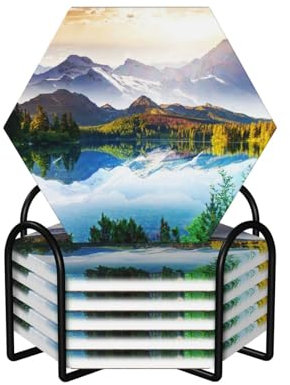 Keramikuntersetzer mit Blick auf den Bergsee, sonniger Tag, Natur, 6-teiliges Set mit rutschfester Unterseite und hervorragender Wasseraufnahme
