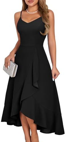 DRESSTELLS Cocktail Dresses for Women, Black Formal Wedding Guest Aline Fit Flare Vintage Tea Party High Low Ruffle Petite Dress Black S