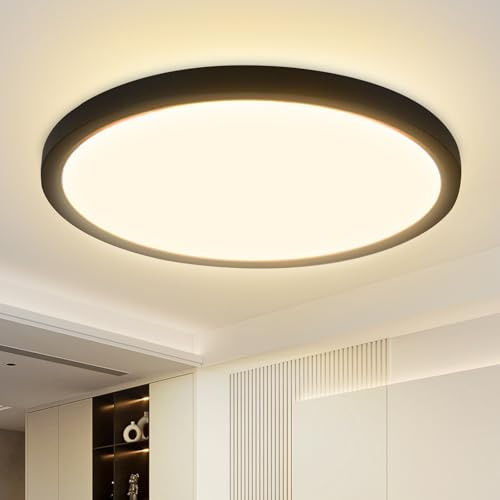 cupgow LED Deckenleuchte Schwarz Flurlampe Deckenlampe Flach Rund | Ø30cm Küchenlampe 24W 3000K Modern Schlafzimmerlampe Decke für Flur Küche Balkon Büro Keller