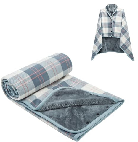 forestfish Tragbare Fleece-Decke, kariert, bequem, Poncho, Überwurf mit Knöpfen für Bett, Sofa, Büro