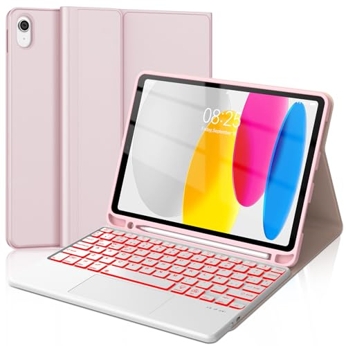 WAVATA Funda con Teclado para iPad 10 Generación 2022/11 Generación A16 2025, Español Ñ, Trackpad Retroiluminado Bluetooth Desmontable Teclado para iPad 11 Gen, Rosa