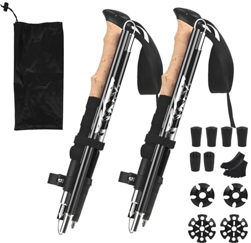 Nordic Walking Stöcke - 2 Alu Teleskop Wanderstöcke, 33–125 cm Wanderstöcke Faltbar, mit ergonomischem und 12 Gummispitzen zum Wandern, Klettern, Camping und für Outdoor-Abenteuer (Schwarz)
