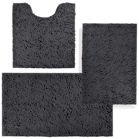 placeroom Bathroom Mat Set of 3, Bath and Toilet Mat Set,Ultra Soft Chenille Bath Mat Non Slip,Bath Mat Sets 3 Piece Washable,Super-Absorbent Bath(Dark Gray bath set)