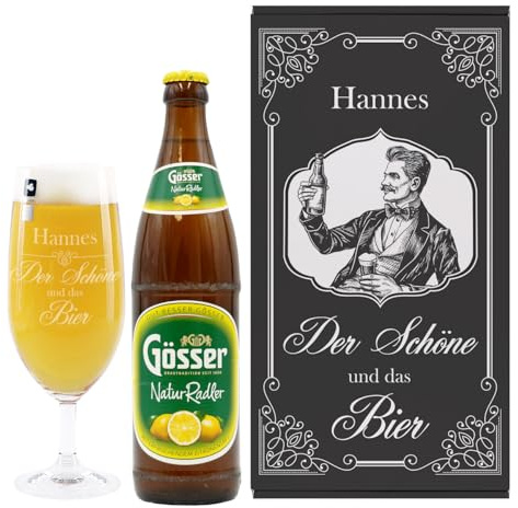 Herz & Heim® Geschenkset für Männer - Pilsglas graviert mit Flasche Bier in Geschenkbox - Der Schöne und das Bier - Geschenk für Vatertag oder Geburtstag (Gösser NaturRadler)