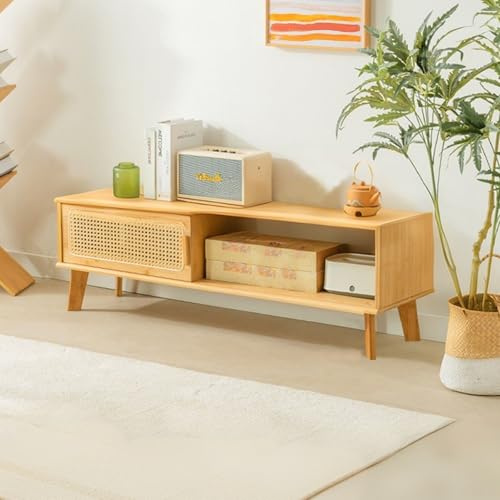 Mueble de TV de Bambú con Espacio de Almacenamiento Moderno Centro de Entretenimiento de Ratán con Cajón,Mesa Auxiliar,Consola Multimedia para Sala de Estar y Dormitorio(39x12.2x14.7in(100x31x37.5cm))