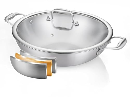 Nontoxicook Tri-Ply Stainless Steel Wok Pan with Lid, Fast & Even Heat, 33cm (13inch) Stir Frying pan, Induction Saute Pan, Cooking Pan,Induction, Broiler Safe 315℃