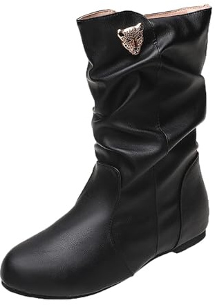 Generisch Bottines mi-mollet pour femme - Motif léopard doré - Pour l'hiver - Noir laqué, Noir , 37 EU