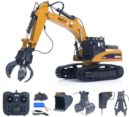 TOUCAN RC HOBBY HUINA 1:14 Metall-Schraubenantrieb Bagger Upgrade Edition 580 Modell mit Beleuchtung, Soundeffekten, Metallschaufel, Brecher, Drehschere, manuellem Schnellwechselkopf
