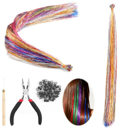 60 Stück Hair Tinsel Set, Bunte Glitzer Haarsträhnen Zum Einklipsen, Farbige Glitzersträhnen Für Haare, Haarsträhnen Kinder DIY Haarschmuck, Langlebiges Kunsthaar Zum Flechten Mit Zange & Häkelnadel